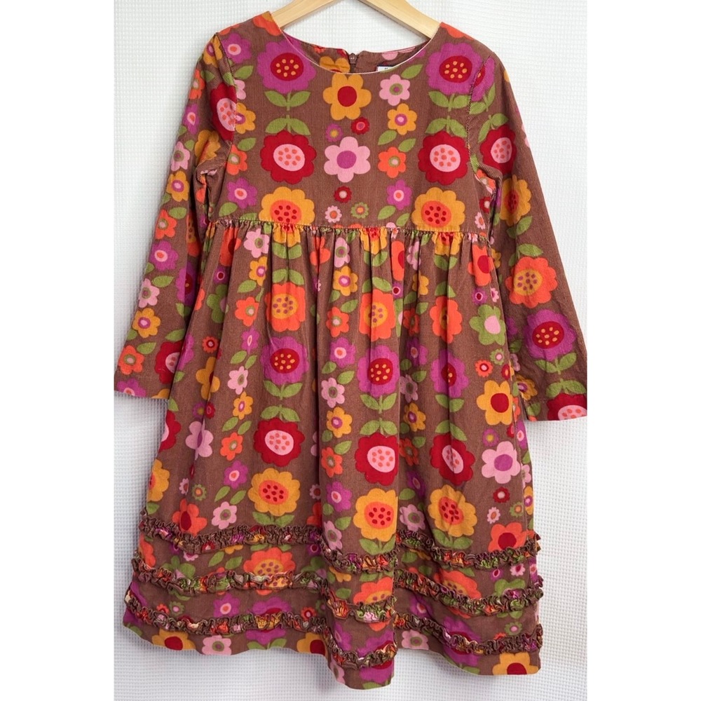 Hartstrings Girls Brown Floral Corduroy Ruffle Dress Size 6 Long Sleeve Lined